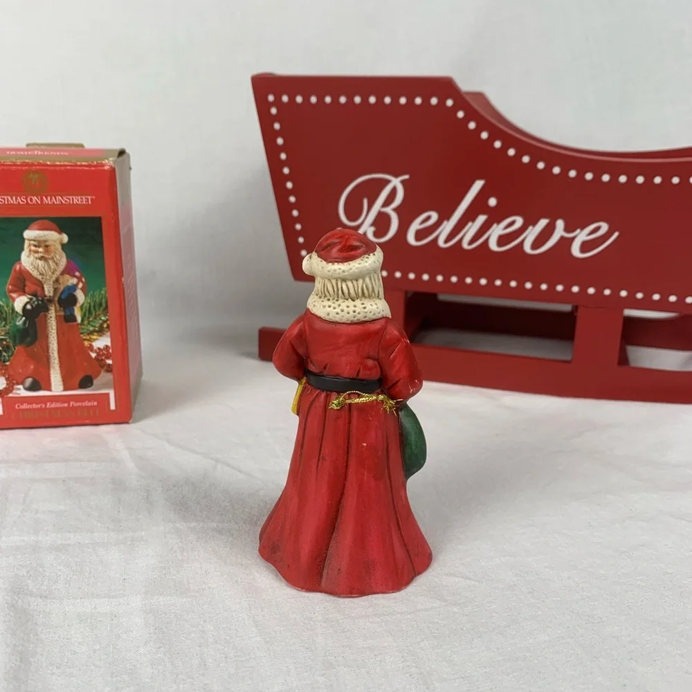 Vintage Charming Santa Claus Bell Figurine w/ Red Coat Green Bag In Original Box